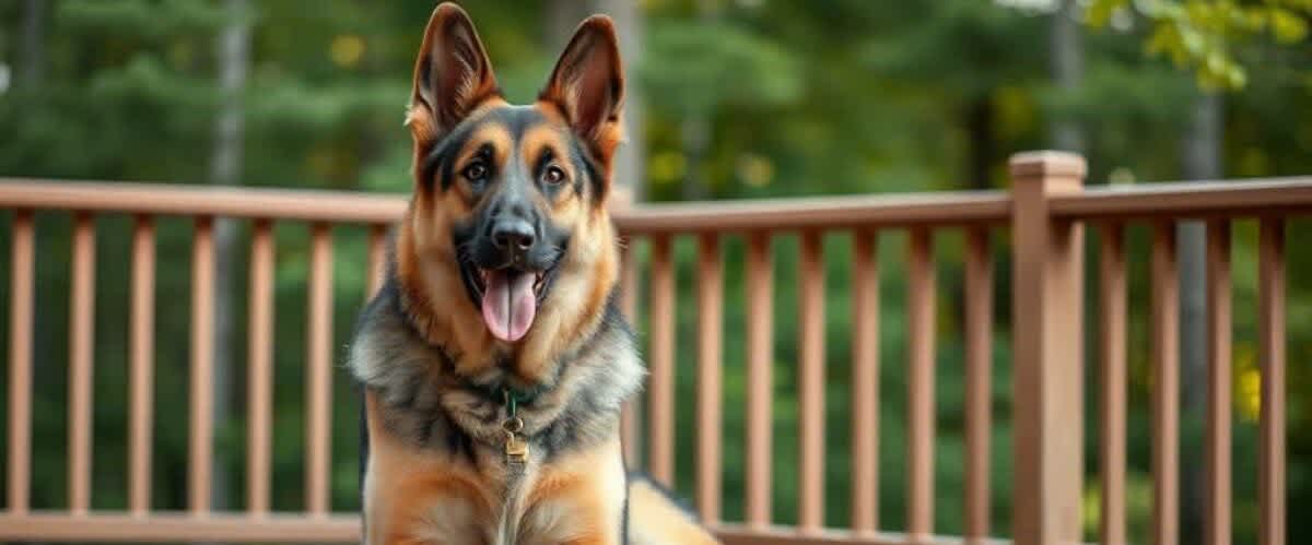 A German Shephard Dog sitting on a deck
